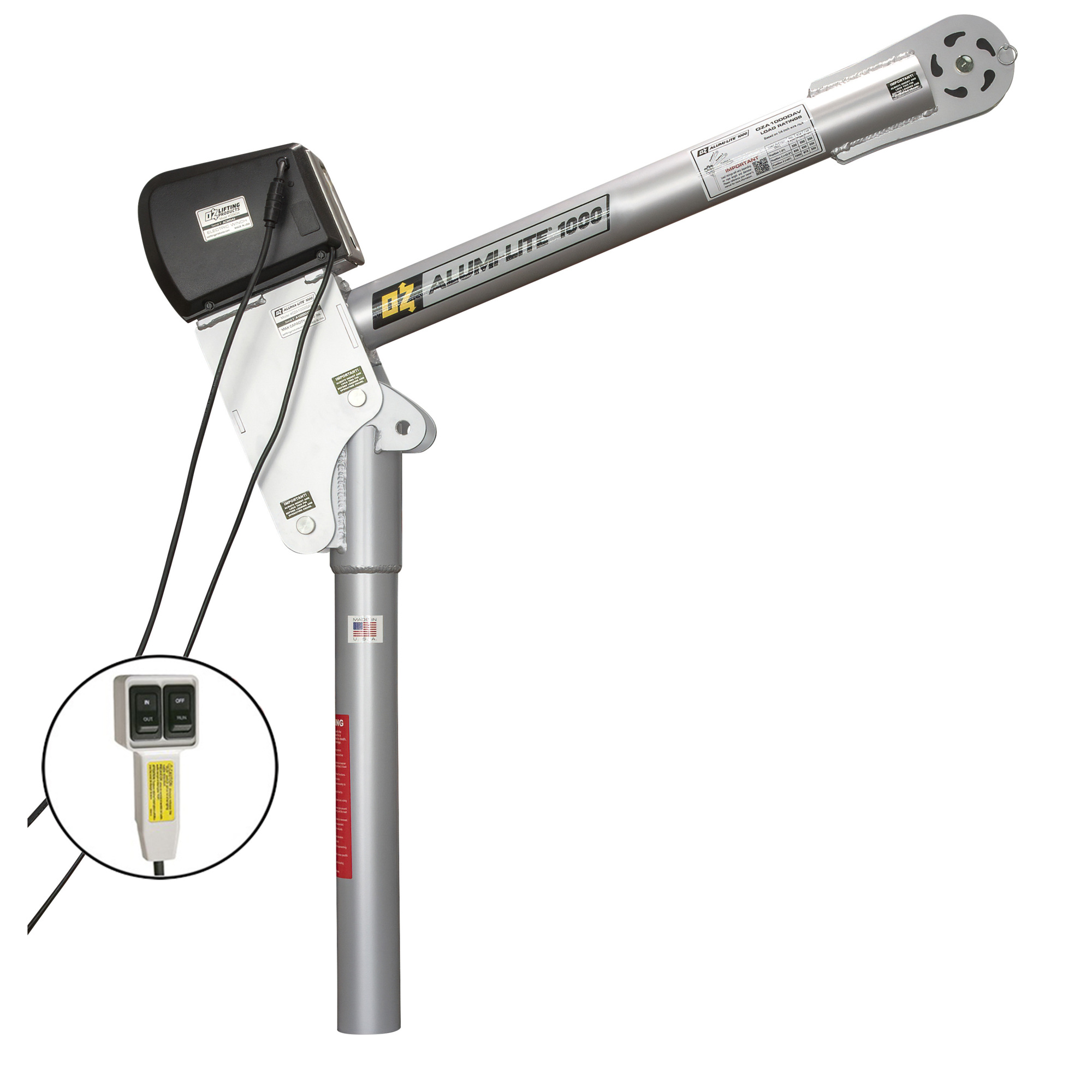 OZ Lifting Products, 1000 lb Alumi-Lite davit crane with winch, Max. Capacity 1000 lb, Max. Lift 45 ft, Model# OZA1000DAV-DCW